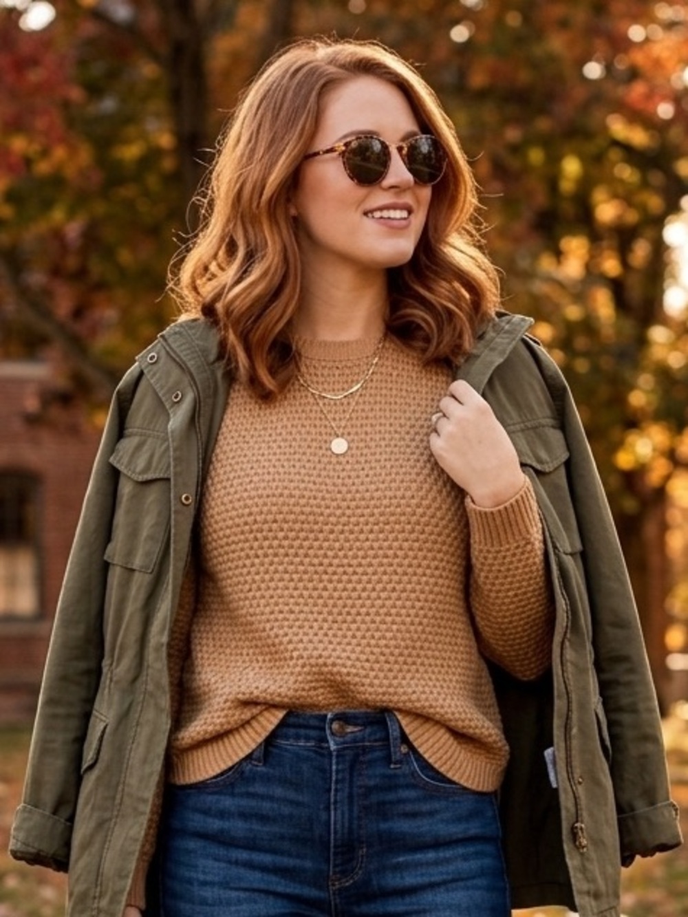 St. John's Bay Camel Crewneck Sweater Unique Knit Rounded Hem Long Sleeve Cozy
